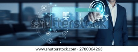 Education specialist touching start button on modern interface to business target E-learning. Delivering courses. Online modules, interactive lessons, virtual classrooms, progress tracking, knowledge.