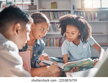 Education, storytelling or students reading in a library for group learning development or growth. Diversity, kids or children talking or speaking together for feedback on fun fantasy books at school - Powered by Shutterstock