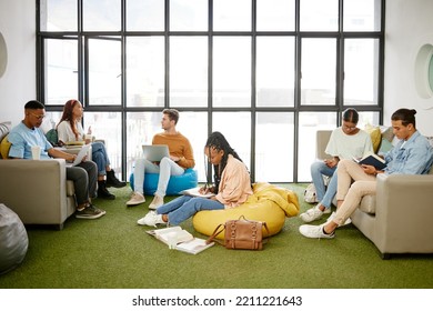 Education, Studying And Students Meeting For Project Collaboration, Teamwork Or Research Planning In University Workspace. Design, Creativity And Relax Gen Z Group Of People In College Study Team