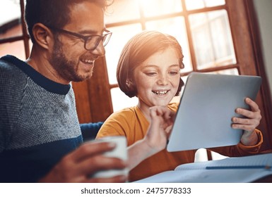 Education, tablet and daughter with father in home together for development or distance learning. Family, homework and technology with happy student girl in apartment for growth, homework or study - Powered by Shutterstock