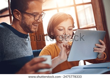 Education, tablet and daughter with father in home together for development or distance learning. Family, homework and technology with happy student girl in apartment for growth, homework or study