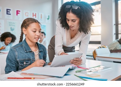 Education, tablet or girl students with teacher for ebook learning, assessment idea or scholarship research. Consulting, school or kid in classroom for information help, collaboration or search - Powered by Shutterstock