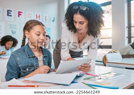 Education, tablet or girl students with teacher for ebook learning, assessment idea or scholarship research. Consulting, school or kid in classroom for information help, collaboration or search