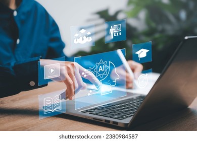 Education technology and AI Artificial Intelligence concept, Women use laptops, Learn lessons and online webinars successfully in modern digital learning,  Courses to develop new skills - Powered by Shutterstock