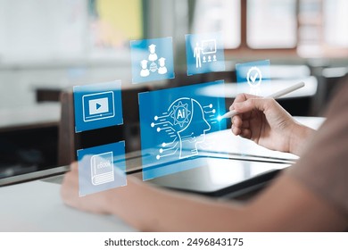 Education technology, AI Artificial Intelligence help concept, Women use tablets Learn lessons videos online learning, E-book, certificates,  digital training courses to develop new skills for student - Powered by Shutterstock