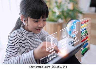 Education technology concept. Schoolgirl learning in the room. Online school. EdTech.E-learning concept