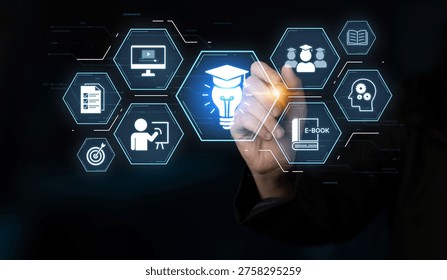 Education technology digital learning, training systems, and knowledge development. Futuristic e-learning video, e-books, and teaching. Online education, edtech, and skill development. Corpus - Powered by Shutterstock - Get 15% off with code: PIKWIZARD15