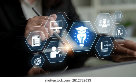 Education technology digital learning, training systems, and knowledge development. Futuristic e-learning video, e-books, and teaching. Online education, edtech, and skill development. Corpus