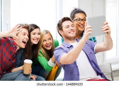 Education And Technology - Group Of Students Making Picture With Tablet Pc At School