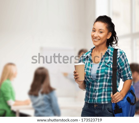 Image, Stock Photo woman having a cup of tea at home during breakfast. Cute golden retriever dog besides. Healthy breakfast with fruits and sweets. lifestyle indoors