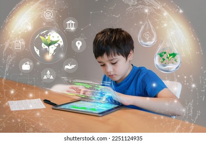 Education technology,Kid using tablet research on internet about world population,Ecology,Environmental, School Boy doing online learning,Geography with Double exposure growth leaf on globe map - Shutterstock ID 2251124935