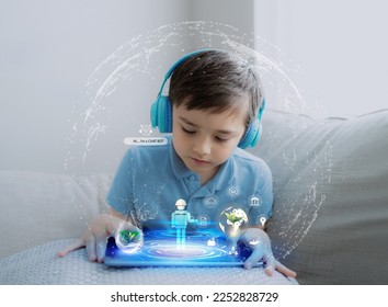 Education technology,Kid using tablet research on internet about world population,Ecology,Environmental, School Boy doing online learning,Geography with Double exposure growth leaf on globe map - Shutterstock ID 2252828729