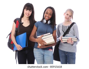 Education Time For Three Multi Ethnic Teenage Student Girl Friends Made Up Of Mixed Race African American, Oriental Japanese And Caucasian With School Books.