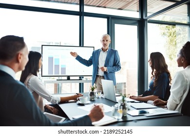 Education, Training Or Learning On Screen In Business Boardroom Meeting To Analyze Data, Chart Or Report. Manager With Team Of Motivated Executives In Workshop Presentation To Plan Vision Or