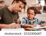 Education, writing and father with boy for knowledge, learning and creative lesson at house. Home school, notebook and happy dad teaching child at table writing for development, homework and studying