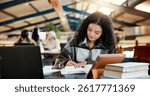 Education, writing notes and girl in college for knowledge, assignment project or learning. Book, woman and student studying for exam research, test preparation or scholarship in university with tech
