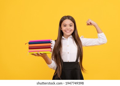 Educational Childrens Literature. Successful Intellectual Child. Pass Exams Perfectly. Bookish Kid In Grammar School. Happy Teen Girl Hold Books Heap. Success. Back To School. Education. Book Store.