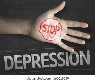 Educational and Creative composition with the message Stop Depression on the blackboard