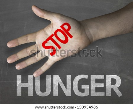 Educational and Creative composition with the message Stop Hunger on the blackboard