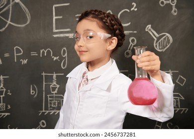 Educational games in chemistry and physics for children. Portrait of a smart girl in a scientist costume against the chalk board with scientific drawings. Modern school education. - Powered by Shutterstock