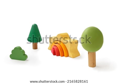 Educational games. Wooden sun and tree constructor isolated on white