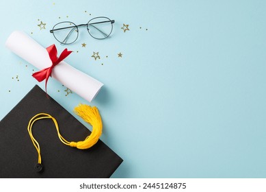 Educational milestone: Top view of academic cap, diploma, tied with ribbon, glasses, shimmering star shaped confetti on soft blue base, space for advertisement - Powered by Shutterstock