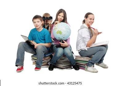 Educational theme: group of emotional teenagers sitting together.