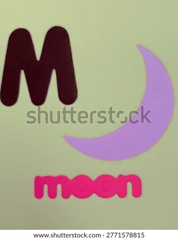 Educational visual aid featuring the letter M, a crescent moon shape, and the word 'moon' in lowercase, designed for early learning.