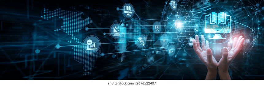 Educator holding global network and e-learning platforms, virtual classroom content delivery engagement, LMS modules, training, digital education interaction analytics, and remote access.