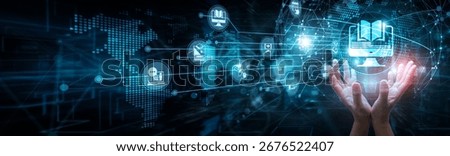 Educator holding global network and e-learning platforms, virtual classroom content delivery engagement, LMS modules, training, digital education interaction analytics, and remote access.