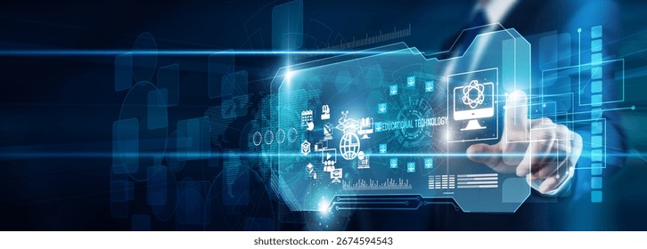 An educator's hand touching educational technology platform data learning innovation, digital classroom collaboration tools engagement accessibility performance growth, and the future.