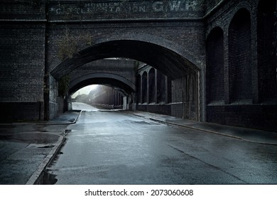 Edwardian Victorian Industrial Street scene, viaduct and bridge, wet streets after rain, street scene foe background
