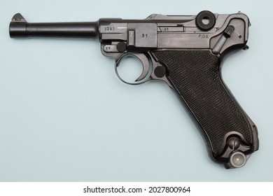 Edwardsville, IL-4 17 2016: "Black Widow" Luger P.08 semi-automatic 9mm pistol with black bakelite grips (instead of the usual wooden grips) made by Mauser in 1942 and used by Nazi Germany in WWII.
