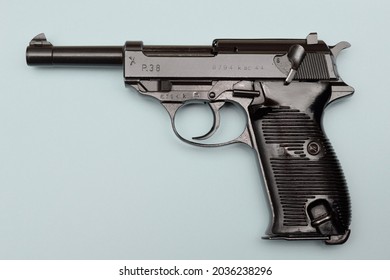 Edwardsville, IL-9 4 2012:  P.38 9mm Luger semi-automatic pistol with dark brown bakelite grips, crudely made by Walther in 1944, used by Germany in WWII, and captured and re-arsenaled by the USSR.