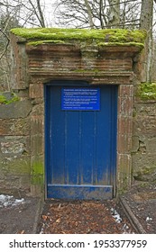 Edzell, Scotland, UK - April 10 2021: Famous blue door at Edzell leading to the grounds of The Burn and a riverside walk.
