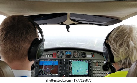 EELDE, NETHERLANDS - 8 May 2021: Pilot student flying the Diamond DA42 Twin star equipped with the Garmin G1000 instrument system