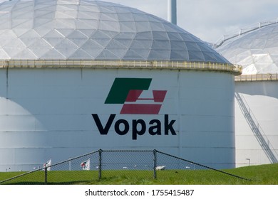 EEMSHAVEN, NETHERLANDS - MAY 5, 2020: CLose up of Vopak storage of petrol, oil and gas