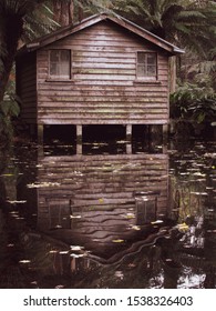 An eerie looking boat shack with water reflection in Sherbrooke, Victoria, Australia. The autumn season gives sepia tint to the image. Suitable for Halloween themed artwork background