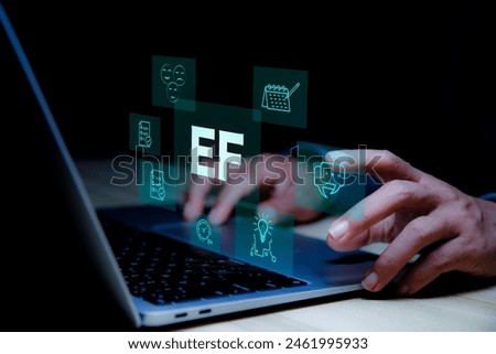 EF(Executive Functions)concept, man analyzing EF data. Executive Functions for children's brain skills It plays an important role in skills such Working memory, Inhibitory Control grow with quality.