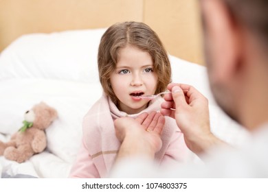 Effective Medicine. Adorable Little Child Having A Flu And Taking A Medicine