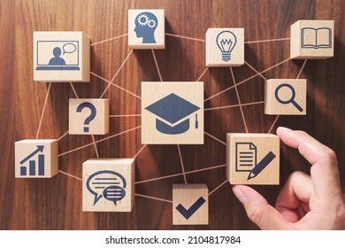 Effective studying and learning concept. Putting wood cubes with icons. Top view of wood table.
