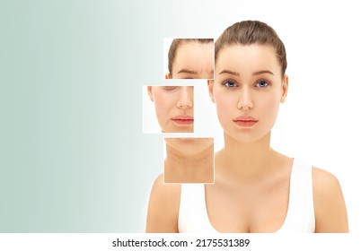 Effects of ageing,Frownscowl lines ,Nasolabial folds,Neck ,Under eye circles,neck lines. Plastic Surgery Results - Shutterstock ID 2175531389