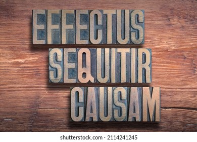Effectus sequitir causam (Every why has a wherefore) Latin phrase combined on vintage varnished wooden surface 