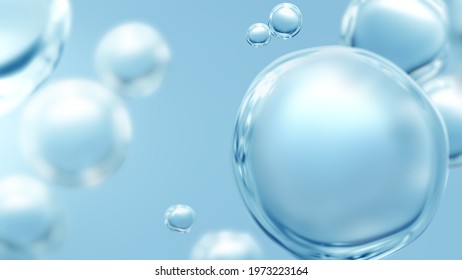 Effervescent clean cosmetics hygiene or renewable hydrogen gas energy. Studio shot of transparent cosmetic blue oxygen bubbles under clean water in full-frame macro close up with selective focus blur.