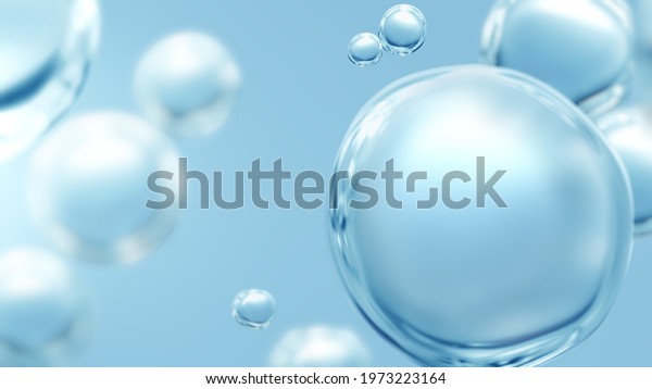 Effervescent clean cosmetics hygiene or renewable\
hydrogen gas energy. Studio shot of transparent cosmetic blue\
oxygen bubbles under clean water in full-frame macro close up with\
selective focus\
blur.