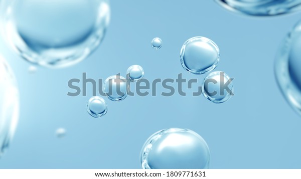Effervescent fizz and clean cosmetics hygiene or\
rejuvenate renewable energy. Studio shot of transparent cosmetic\
blue gas bubbles under water in full-frame macro close up with\
selective focus blur.\
