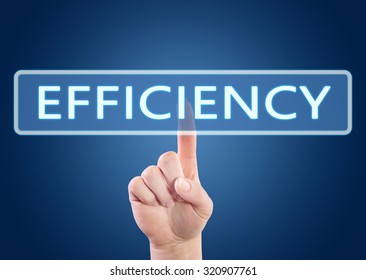 Efficiency - hand pressing button on interface with blue background.