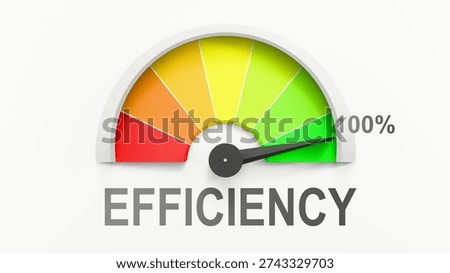 Efficiency meter showing high values of efficiency. Increasing and rising efficiency, reaching full, off the charts. Maximum amount of efficiency. No AI, made by humans for humans.