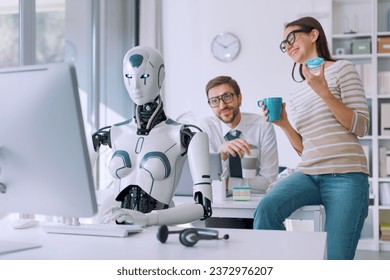 Efficient AI robot working in the office and lazy employees having a coffee break - Powered by Shutterstock