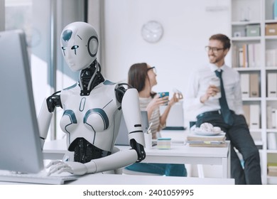 Efficient AI robot working in the office and lazy employees having a coffee break - Powered by Shutterstock